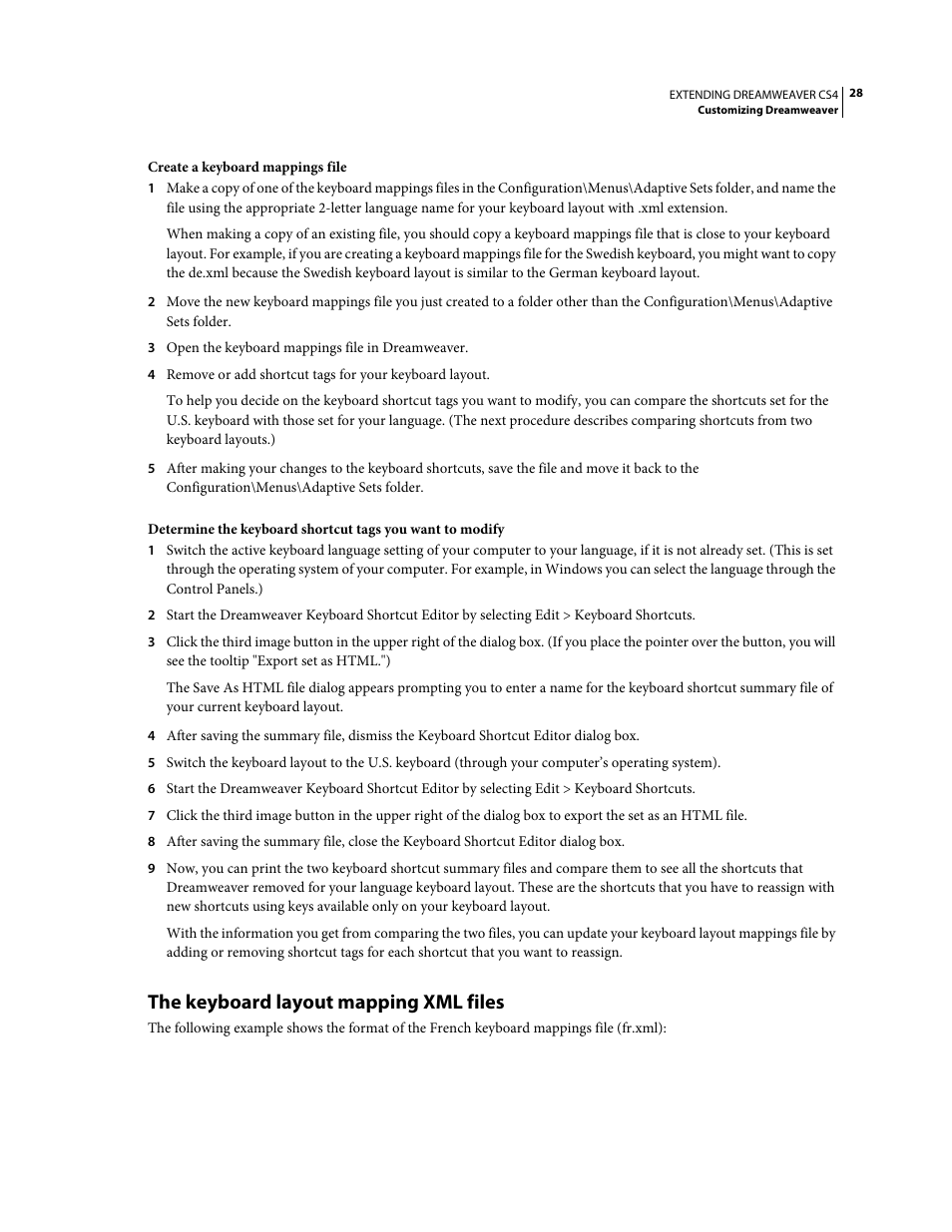 The keyboard layout mapping xml files | Adobe Extending Dreamweaver CS4 User Manual | Page 34 / 387