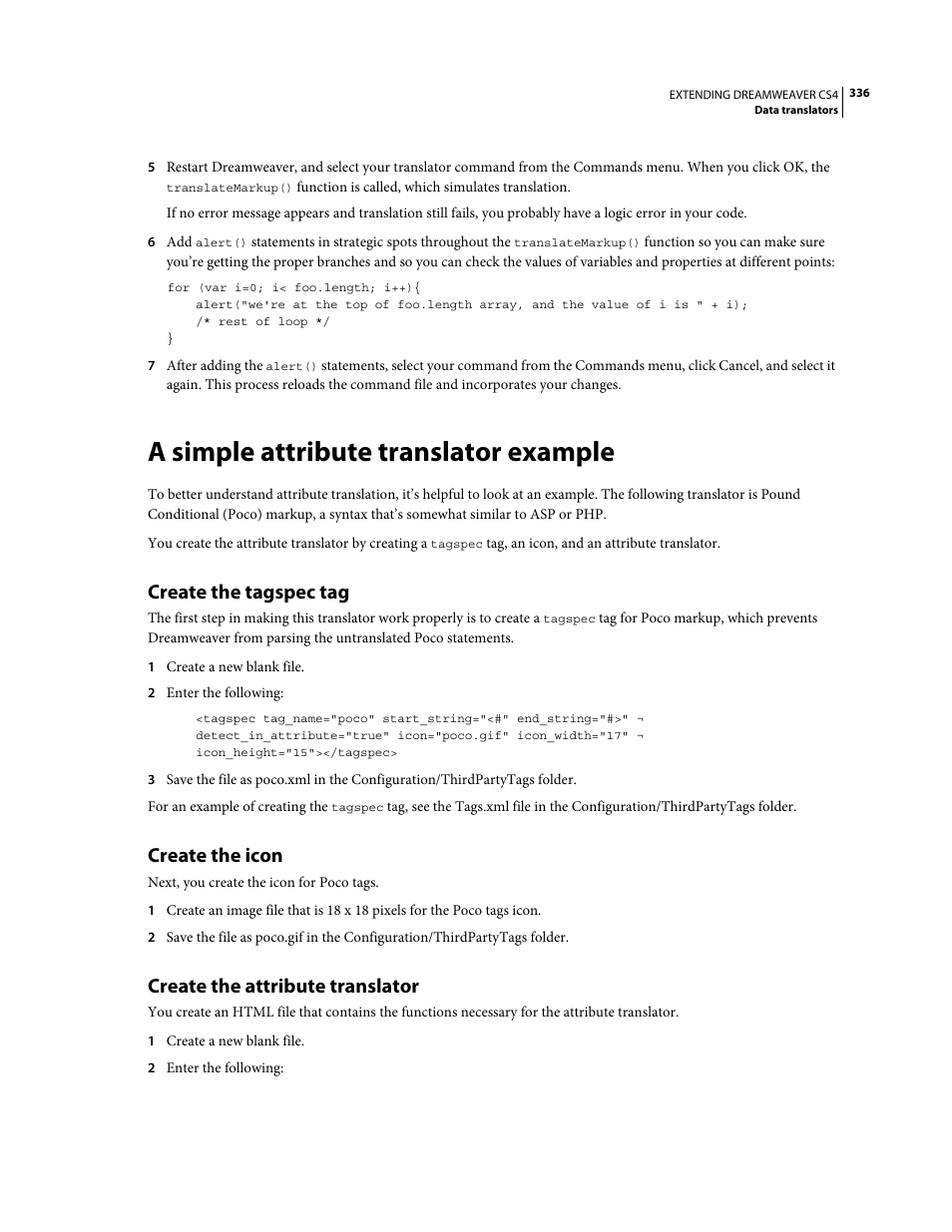 A simple attribute translator example, Create the tagspec tag, Create the icon | Create the attribute translator, Attribute. for an example of this process, see | Adobe Extending Dreamweaver CS4 User Manual | Page 342 / 387