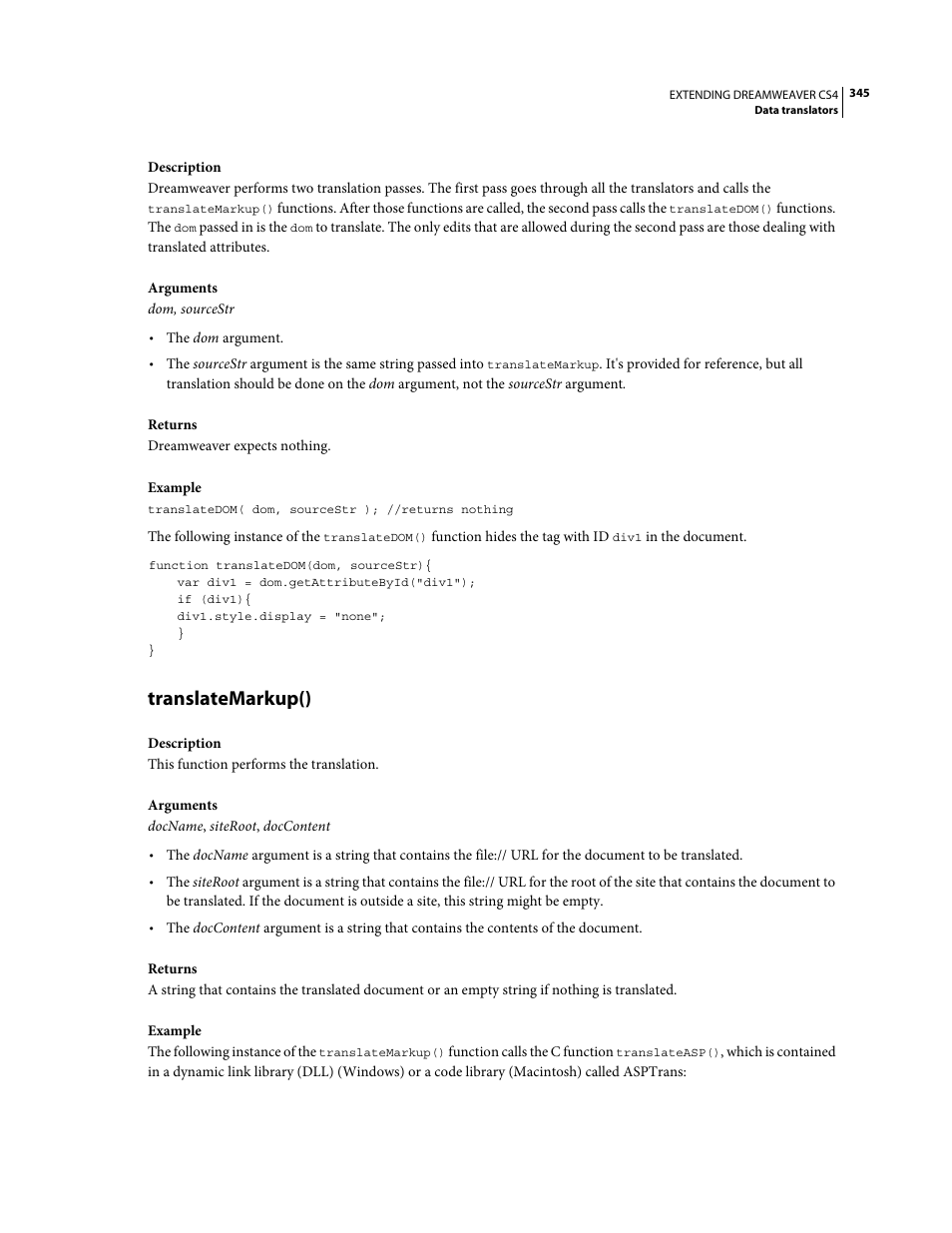 Translatemarkup() | Adobe Extending Dreamweaver CS4 User Manual | Page 351 / 387