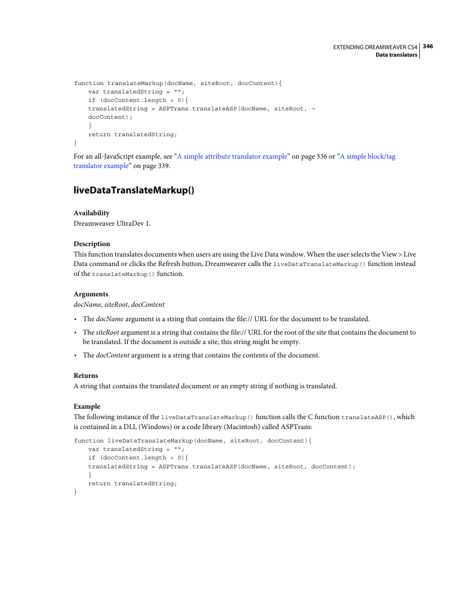 Livedatatranslatemarkup() | Adobe Extending Dreamweaver CS4 User Manual | Page 352 / 387