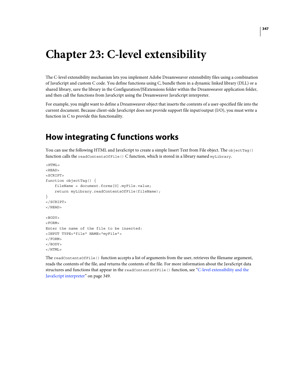 Chapter 23: c-level extensibility, How integrating c functions works, C-level extensibility | Adobe Extending Dreamweaver CS4 User Manual | Page 353 / 387