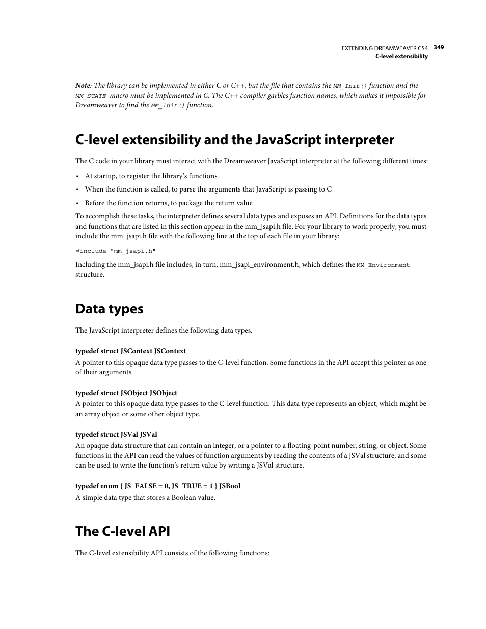 Data types, The c-level api, C-level extensibility and the | Javascript interpreter | Adobe Extending Dreamweaver CS4 User Manual | Page 355 / 387