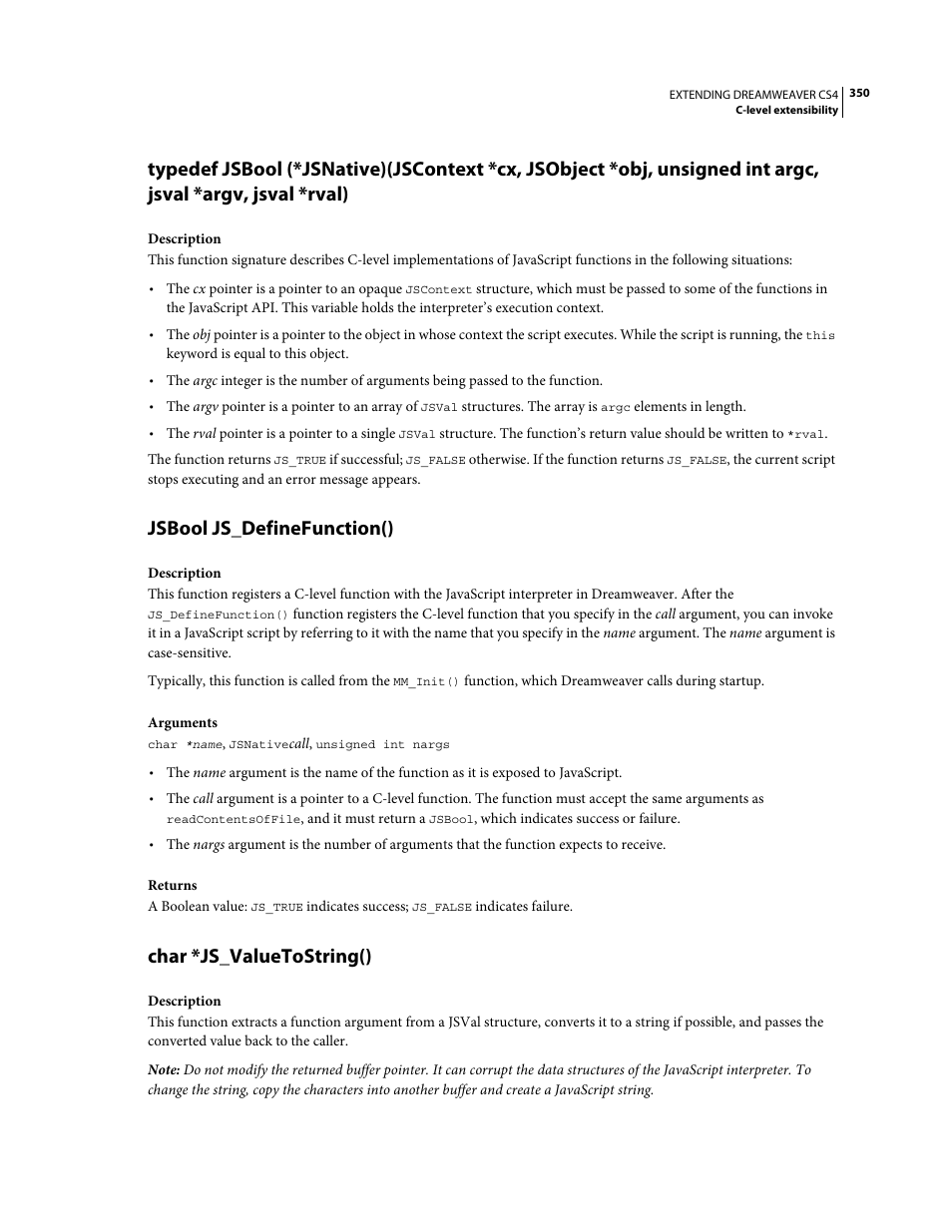 Jsbool js_definefunction(), Char *js_valuetostring() | Adobe Extending Dreamweaver CS4 User Manual | Page 356 / 387