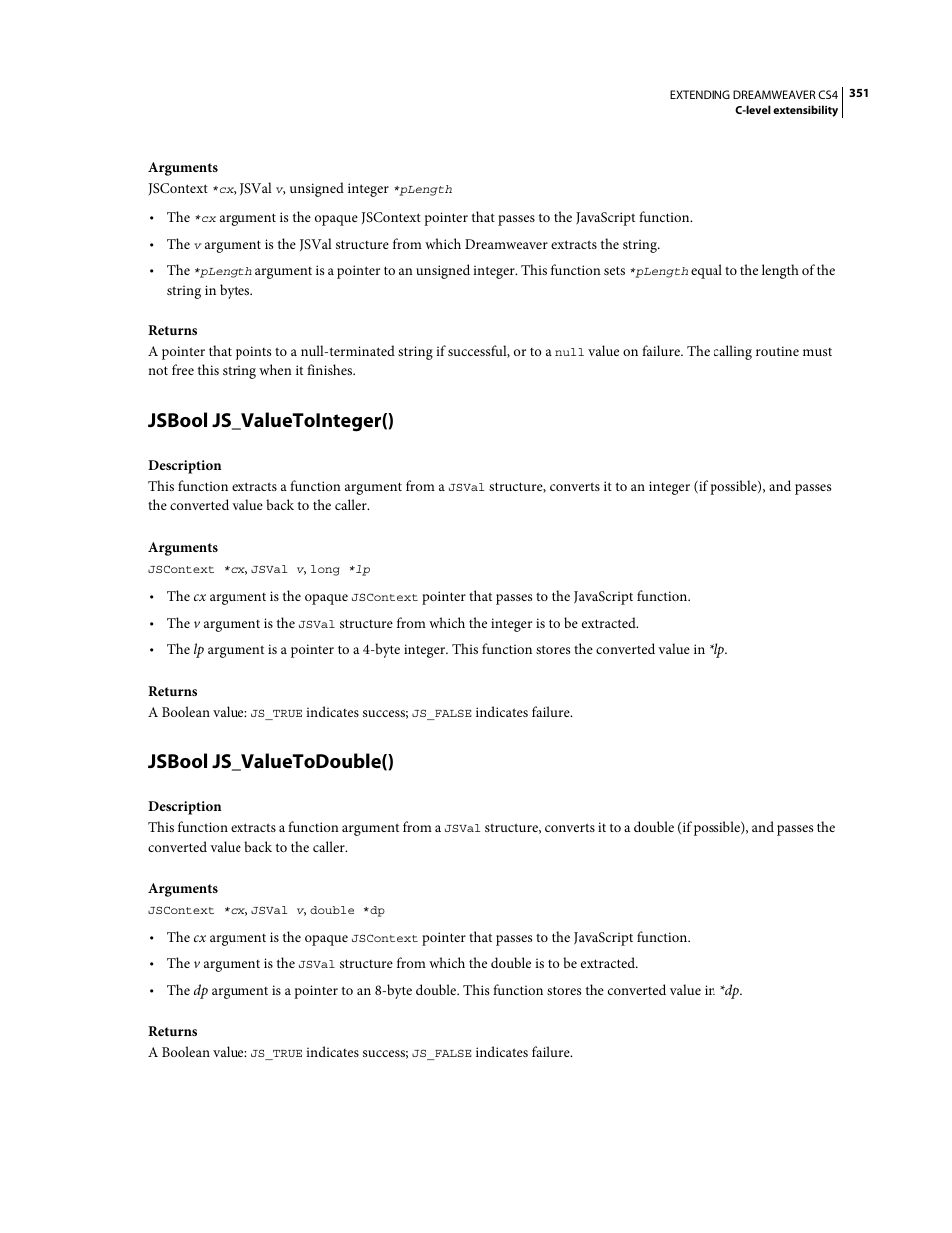 Jsbool js_valuetointeger(), Jsbool js_valuetodouble() | Adobe Extending Dreamweaver CS4 User Manual | Page 357 / 387