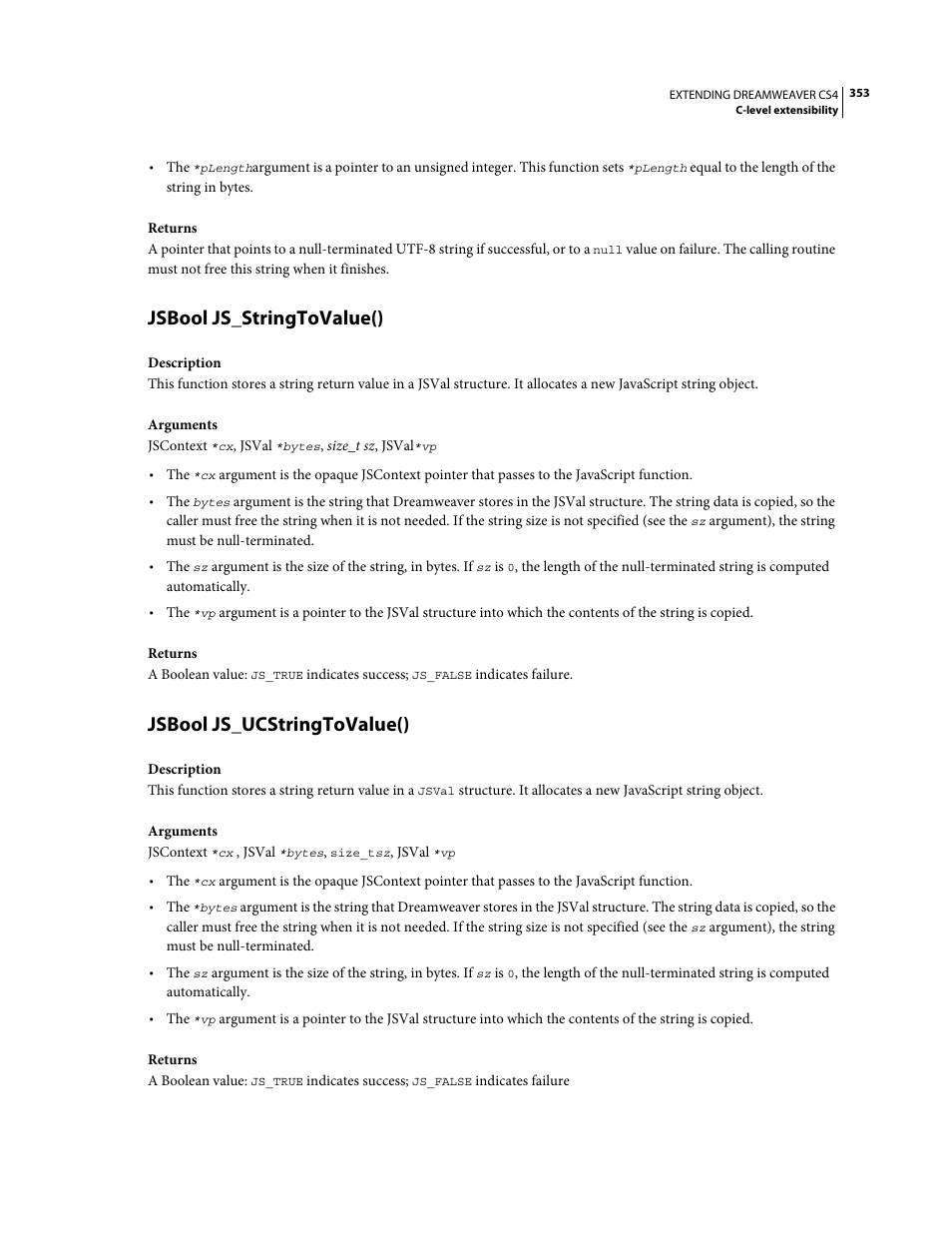 Jsbool js_stringtovalue(), Jsbool js_ucstringtovalue() | Adobe Extending Dreamweaver CS4 User Manual | Page 359 / 387