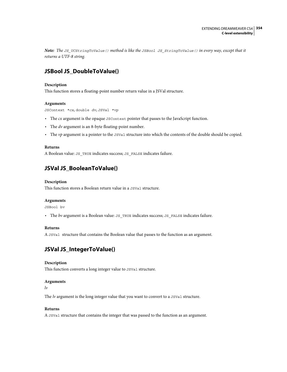 Jsbool js_doubletovalue(), Jsval js_booleantovalue(), Jsval js_integertovalue() | Adobe Extending Dreamweaver CS4 User Manual | Page 360 / 387