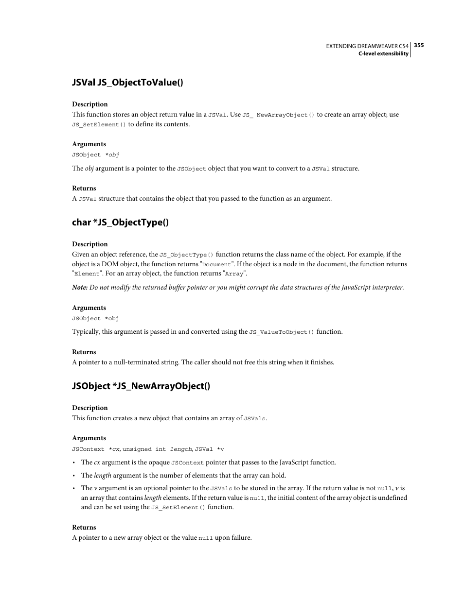 Jsval js_objecttovalue(), Char *js_objecttype(), Jsobject *js_newarrayobject() | Adobe Extending Dreamweaver CS4 User Manual | Page 361 / 387