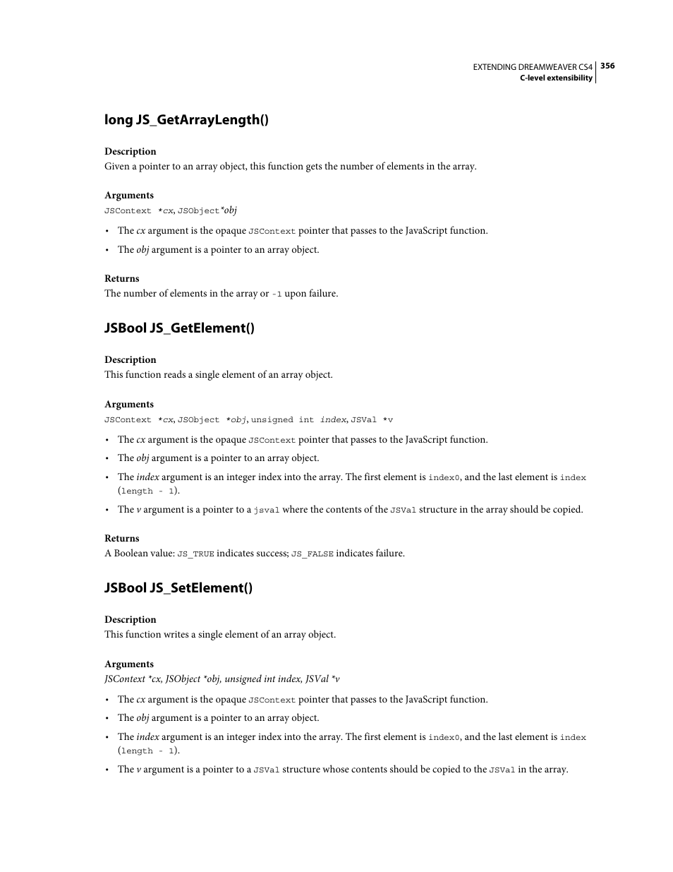 Long js_getarraylength(), Jsbool js_getelement(), Jsbool js_setelement() | Adobe Extending Dreamweaver CS4 User Manual | Page 362 / 387