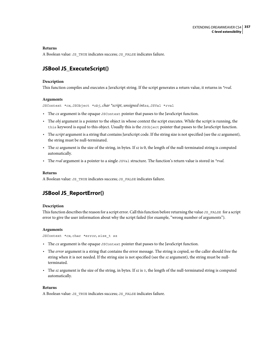 Jsbool js_executescript(), Jsbool js_reporterror() | Adobe Extending Dreamweaver CS4 User Manual | Page 363 / 387