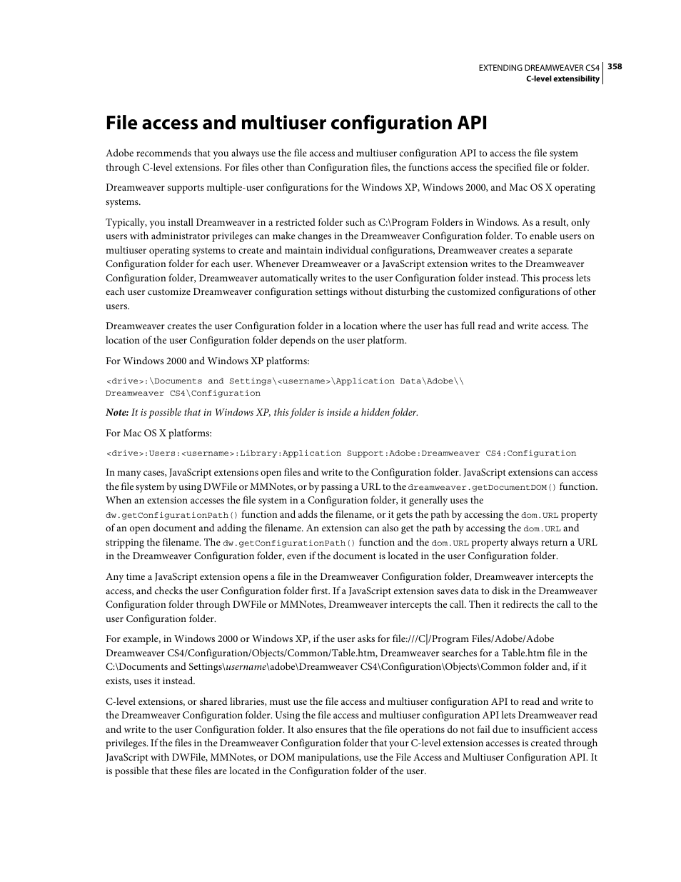 File access and multiuser configuration api | Adobe Extending Dreamweaver CS4 User Manual | Page 364 / 387