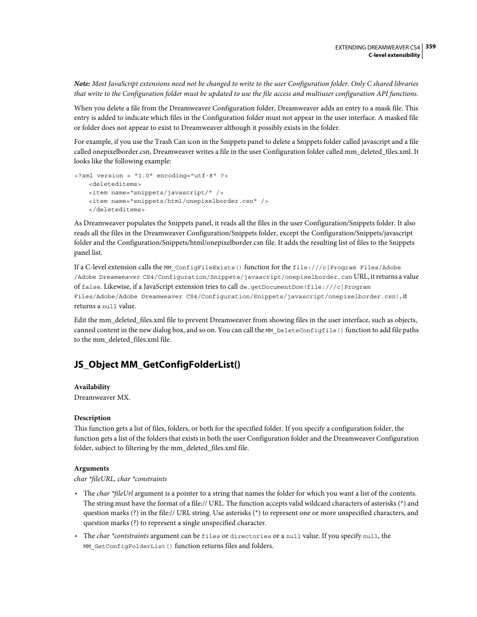 Js_object mm_getconfigfolderlist() | Adobe Extending Dreamweaver CS4 User Manual | Page 365 / 387