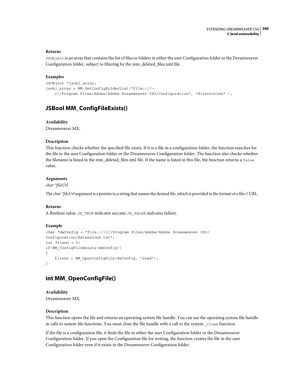 Jsbool mm_configfileexists(), Int mm_openconfigfile() | Adobe Extending Dreamweaver CS4 User Manual | Page 366 / 387