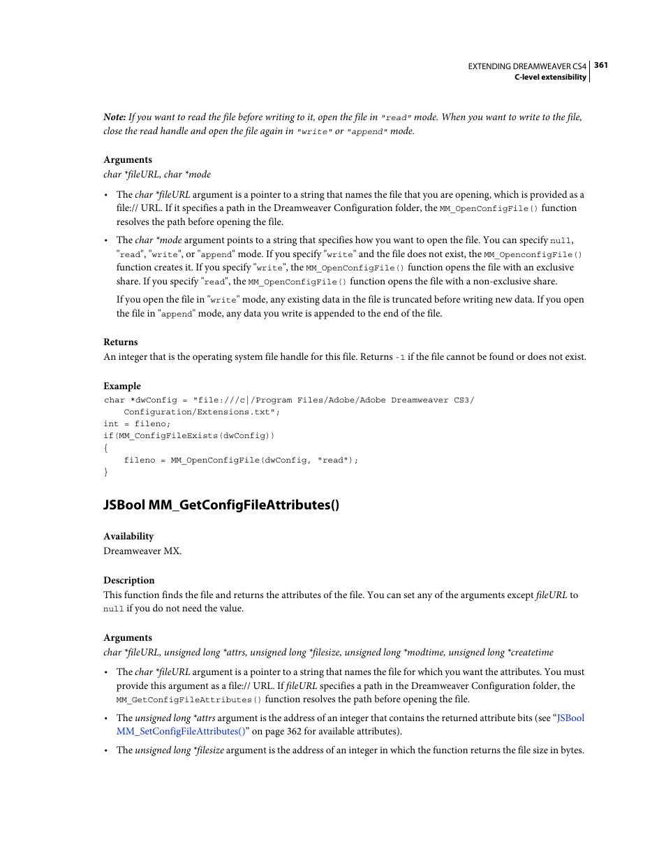 Jsbool mm_getconfigfileattributes() | Adobe Extending Dreamweaver CS4 User Manual | Page 367 / 387