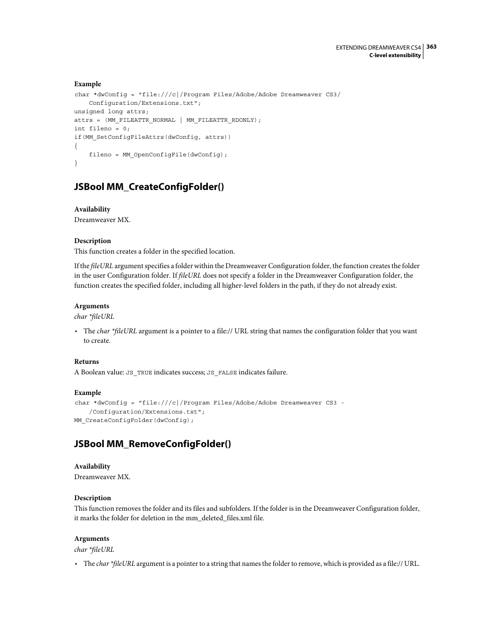 Jsbool mm_createconfigfolder(), Jsbool mm_removeconfigfolder() | Adobe Extending Dreamweaver CS4 User Manual | Page 369 / 387