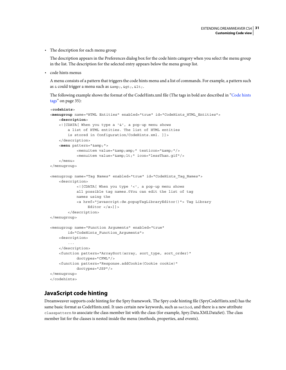 Javascript code hinting | Adobe Extending Dreamweaver CS4 User Manual | Page 37 / 387