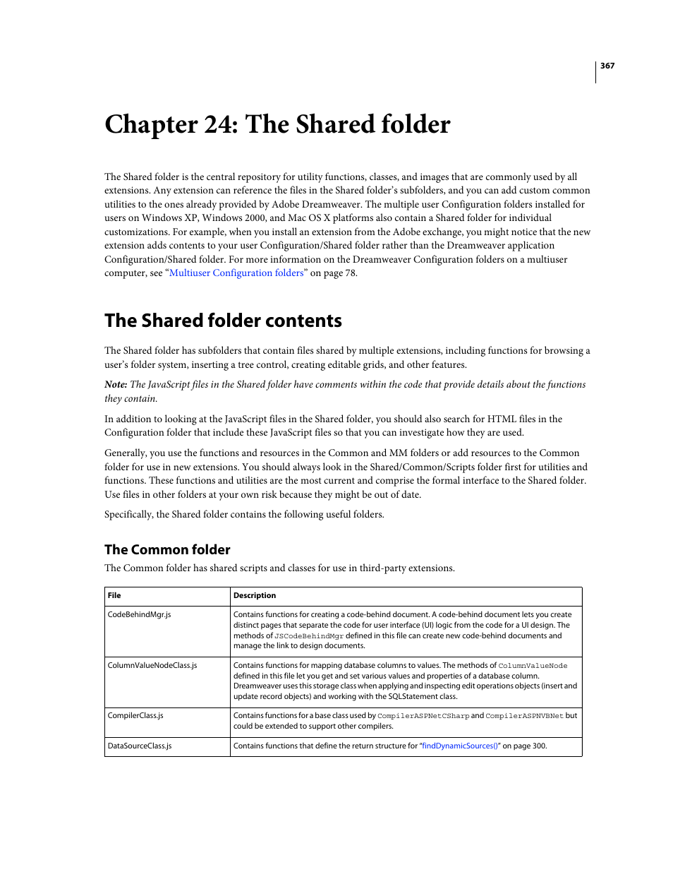 Chapter 24: the shared folder, The shared folder contents, The common folder | Adobe Extending Dreamweaver CS4 User Manual | Page 373 / 387