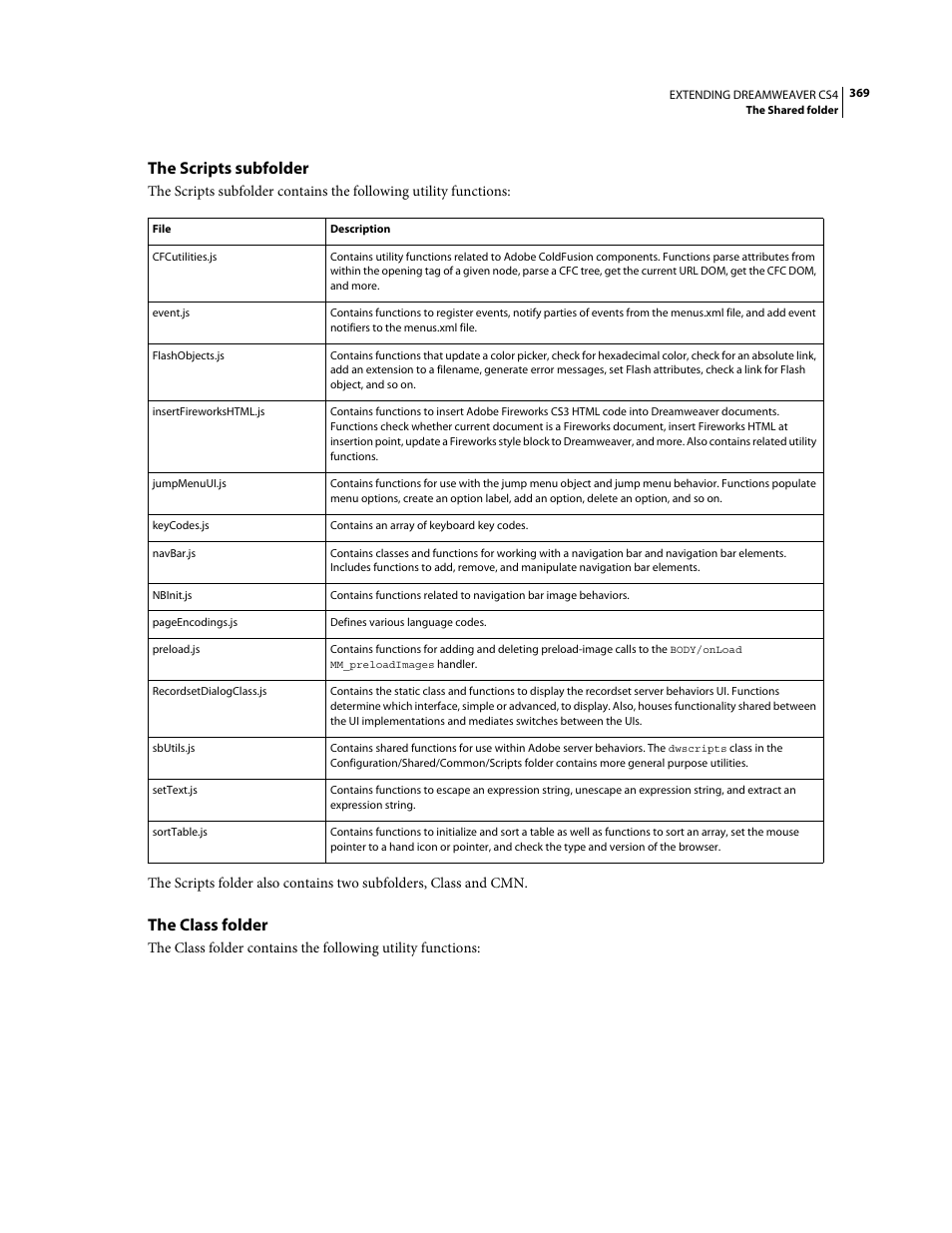 The scripts subfolder, The class folder | Adobe Extending Dreamweaver CS4 User Manual | Page 375 / 387