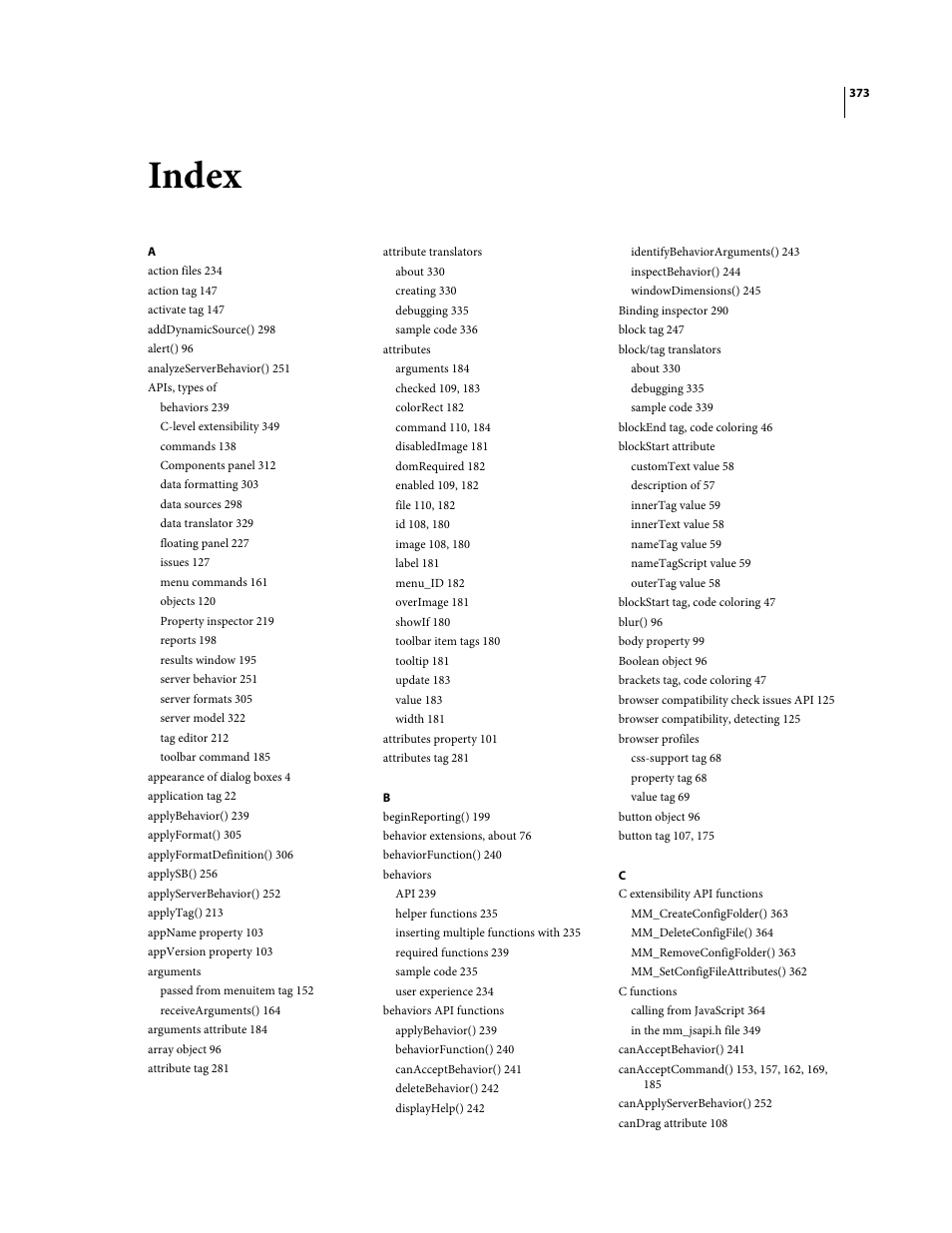 Index | Adobe Extending Dreamweaver CS4 User Manual | Page 379 / 387