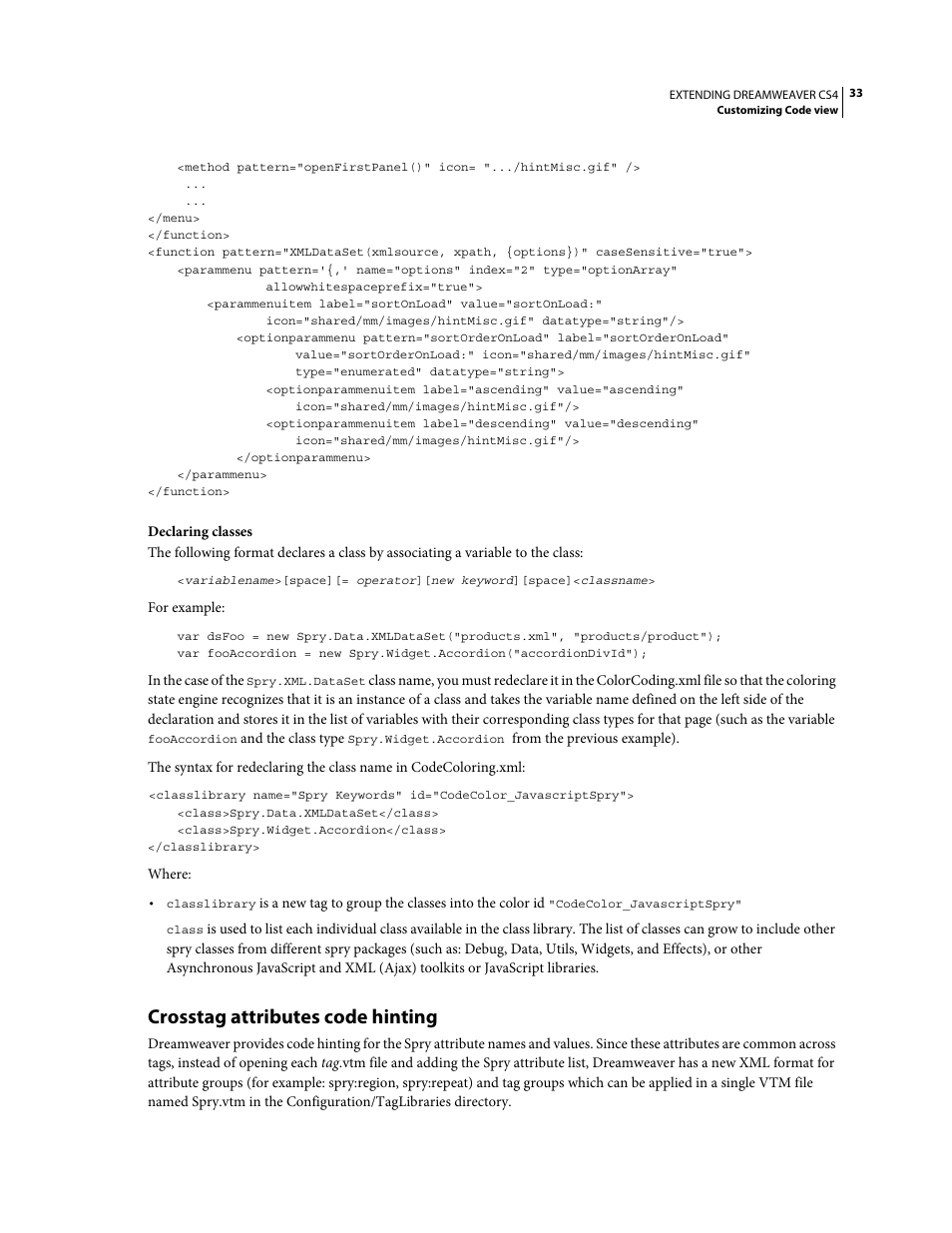 Crosstag attributes code hinting | Adobe Extending Dreamweaver CS4 User Manual | Page 39 / 387