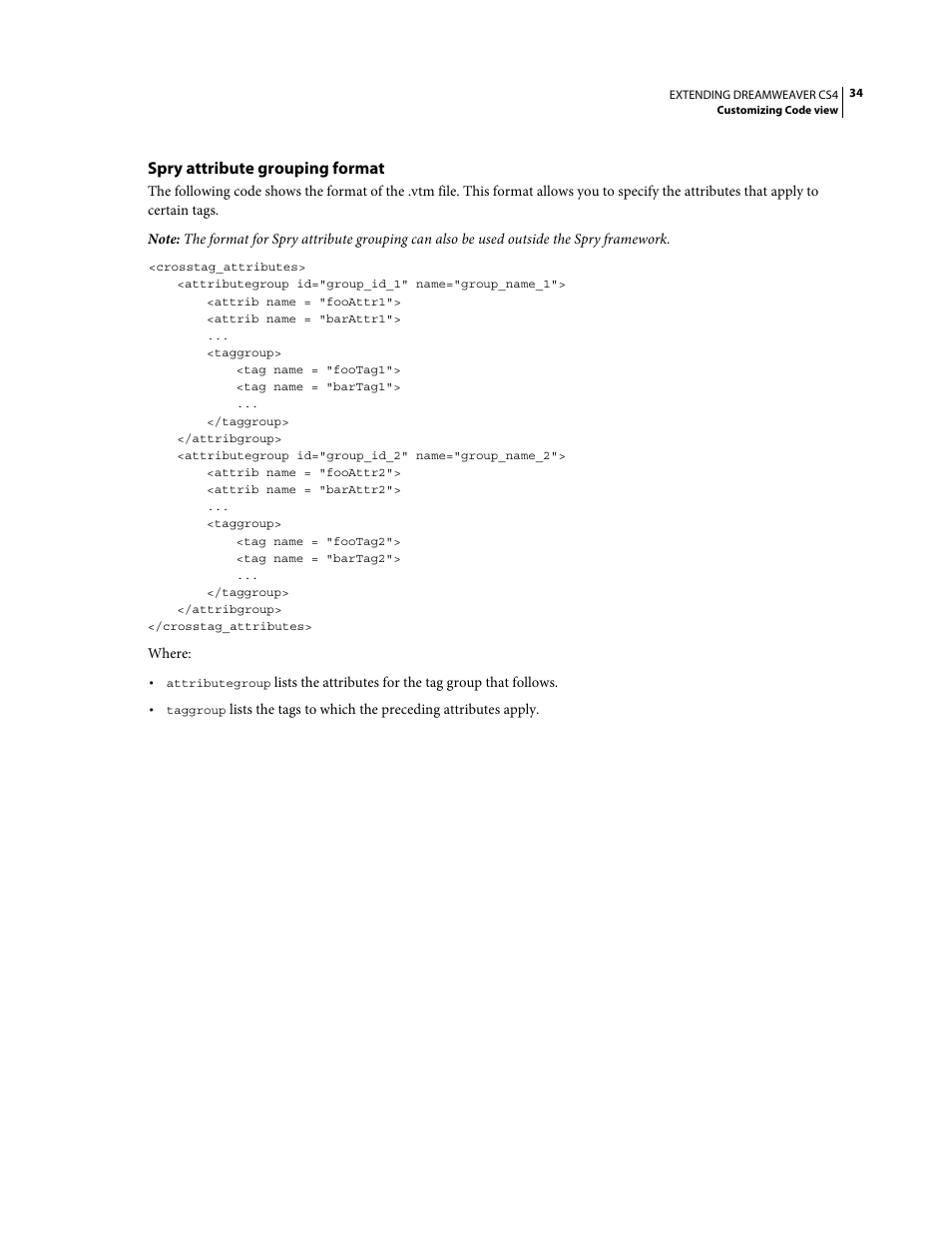 Spry attribute grouping format | Adobe Extending Dreamweaver CS4 User Manual | Page 40 / 387