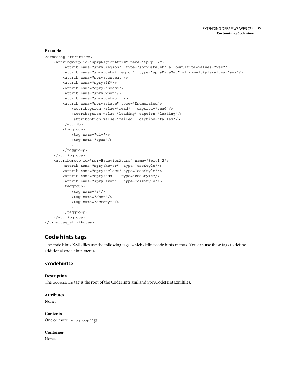 Code hints tags, Codehints, Code hints | Tags | Adobe Extending Dreamweaver CS4 User Manual | Page 41 / 387