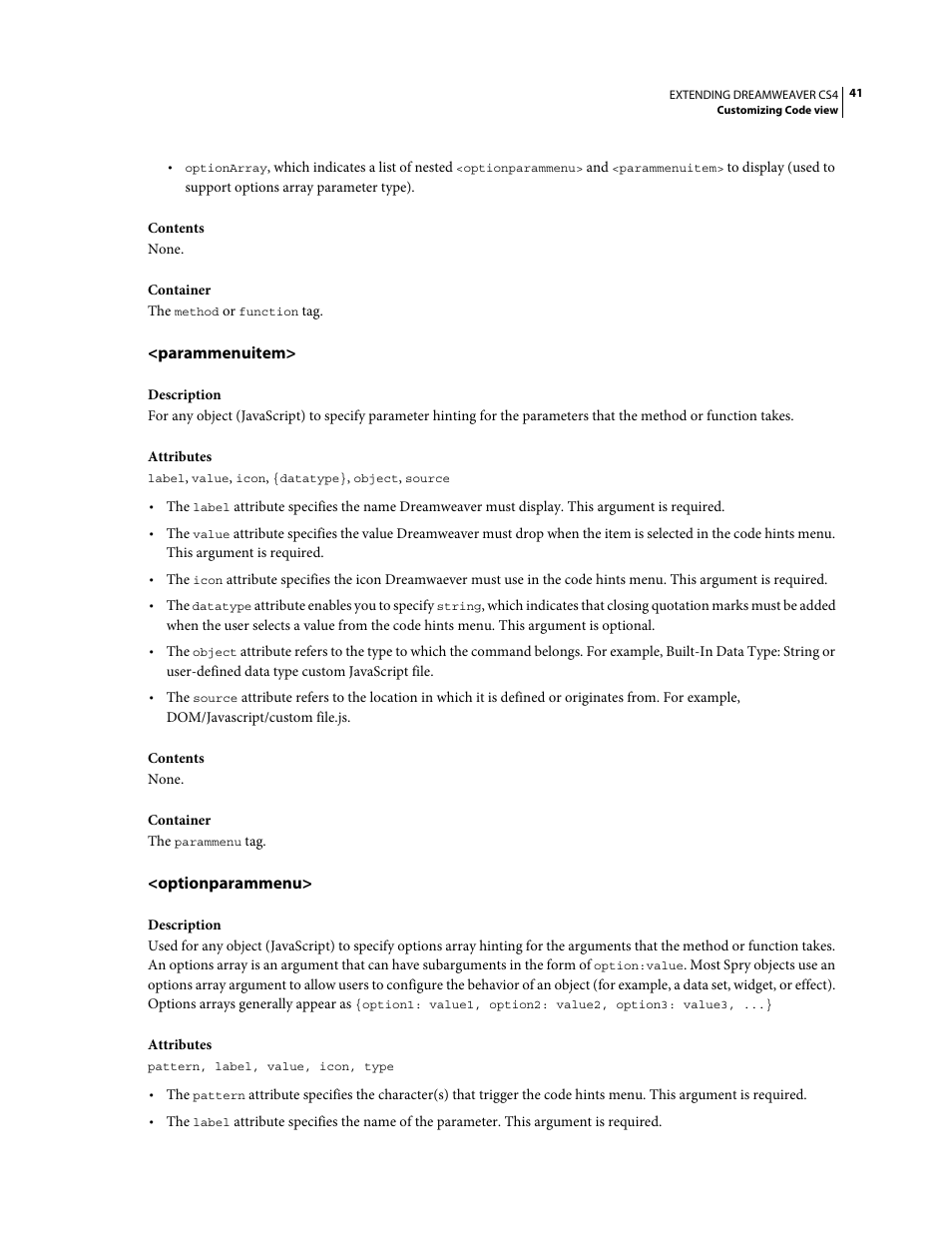 Parammenuitem, Optionparammenu | Adobe Extending Dreamweaver CS4 User Manual | Page 47 / 387