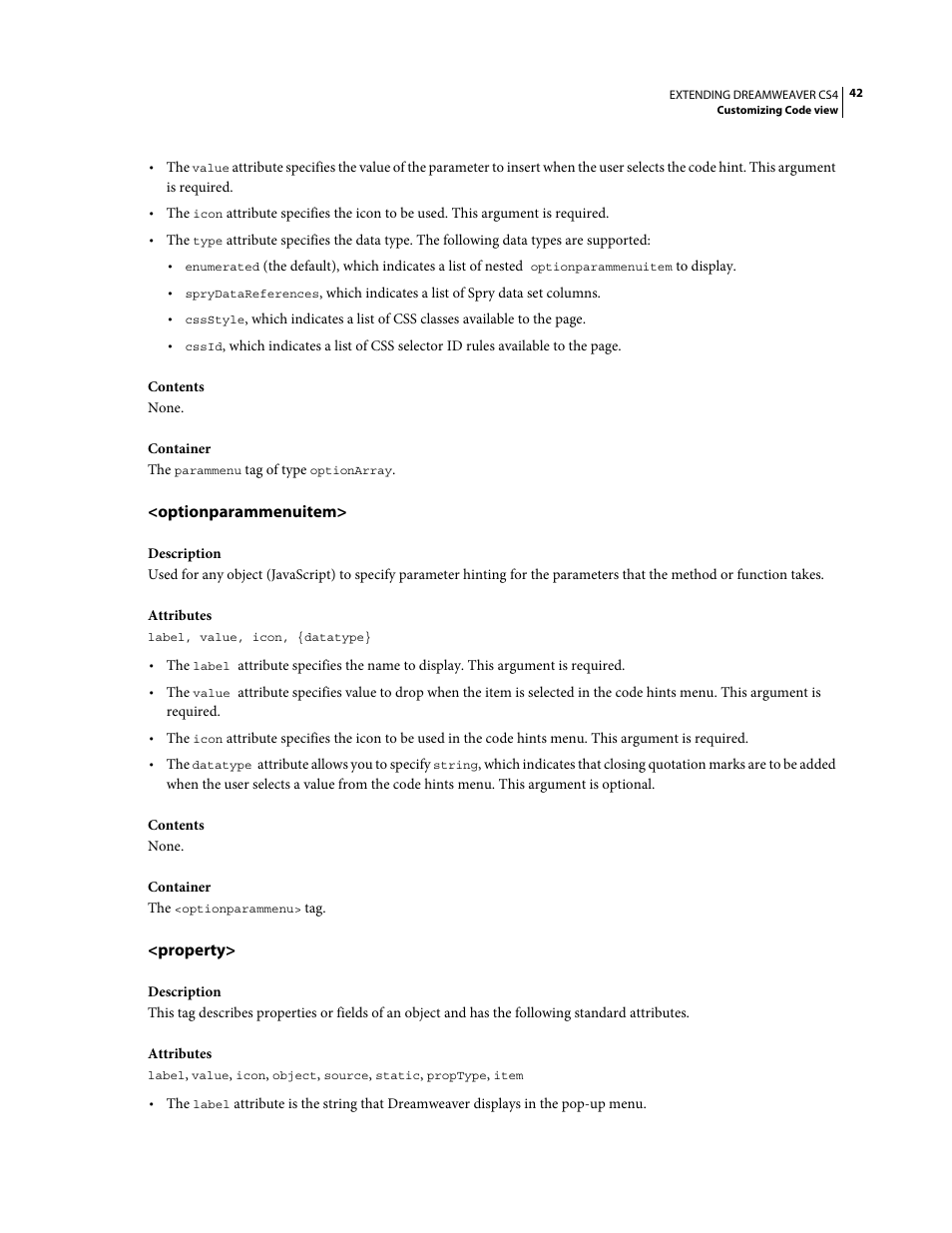 Optionparammenuitem, Property | Adobe Extending Dreamweaver CS4 User Manual | Page 48 / 387