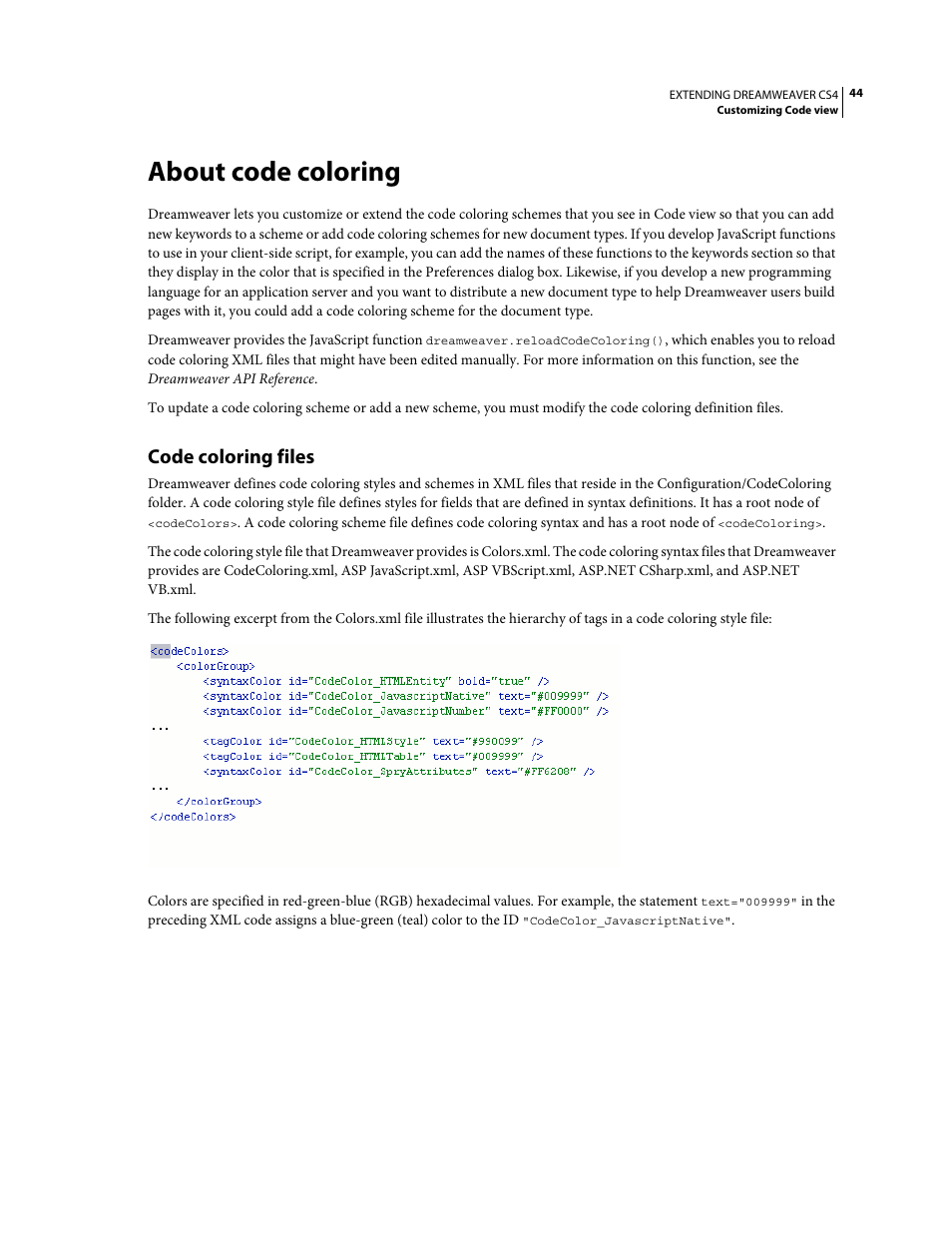 About code coloring, Code coloring files | Adobe Extending Dreamweaver CS4 User Manual | Page 50 / 387