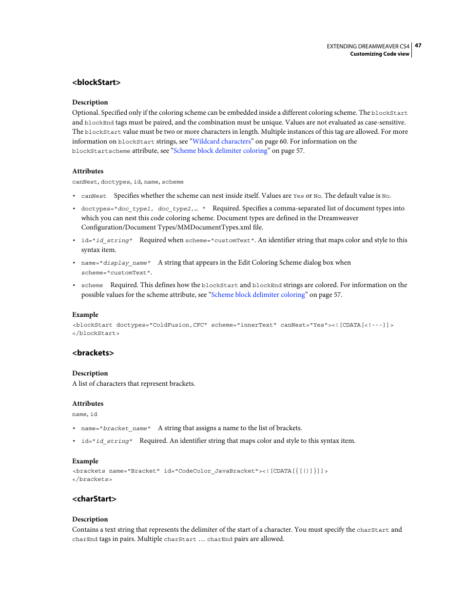 Blockstart, Brackets, Charstart | Adobe Extending Dreamweaver CS4 User Manual | Page 53 / 387