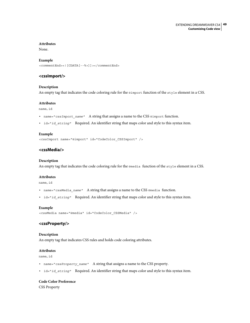 Cssimport, Cssmedia, Cssproperty | Adobe Extending Dreamweaver CS4 User Manual | Page 55 / 387