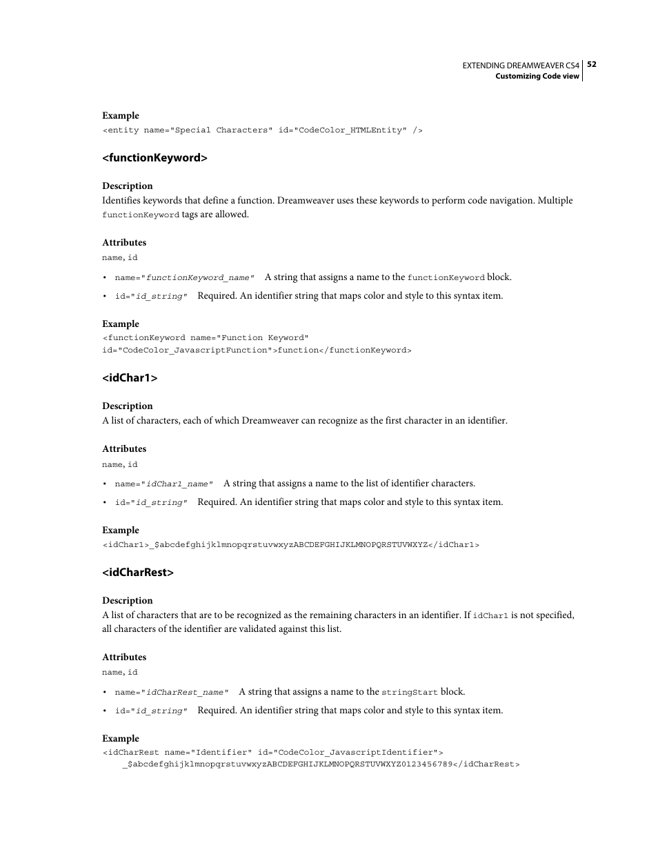 Functionkeyword, Idchar1, Idcharrest | Adobe Extending Dreamweaver CS4 User Manual | Page 58 / 387