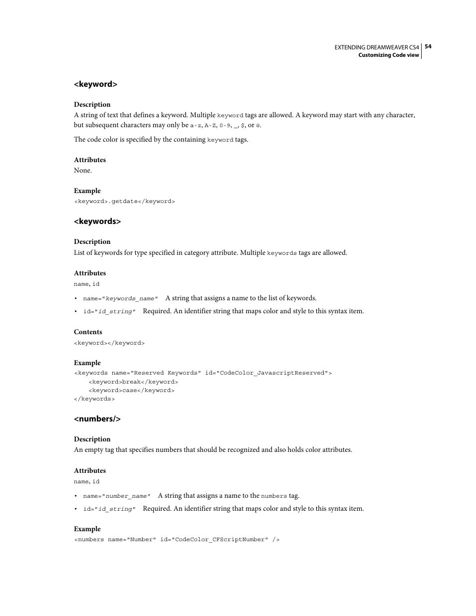 Keyword, Keywords, Numbers | Adobe Extending Dreamweaver CS4 User Manual | Page 60 / 387