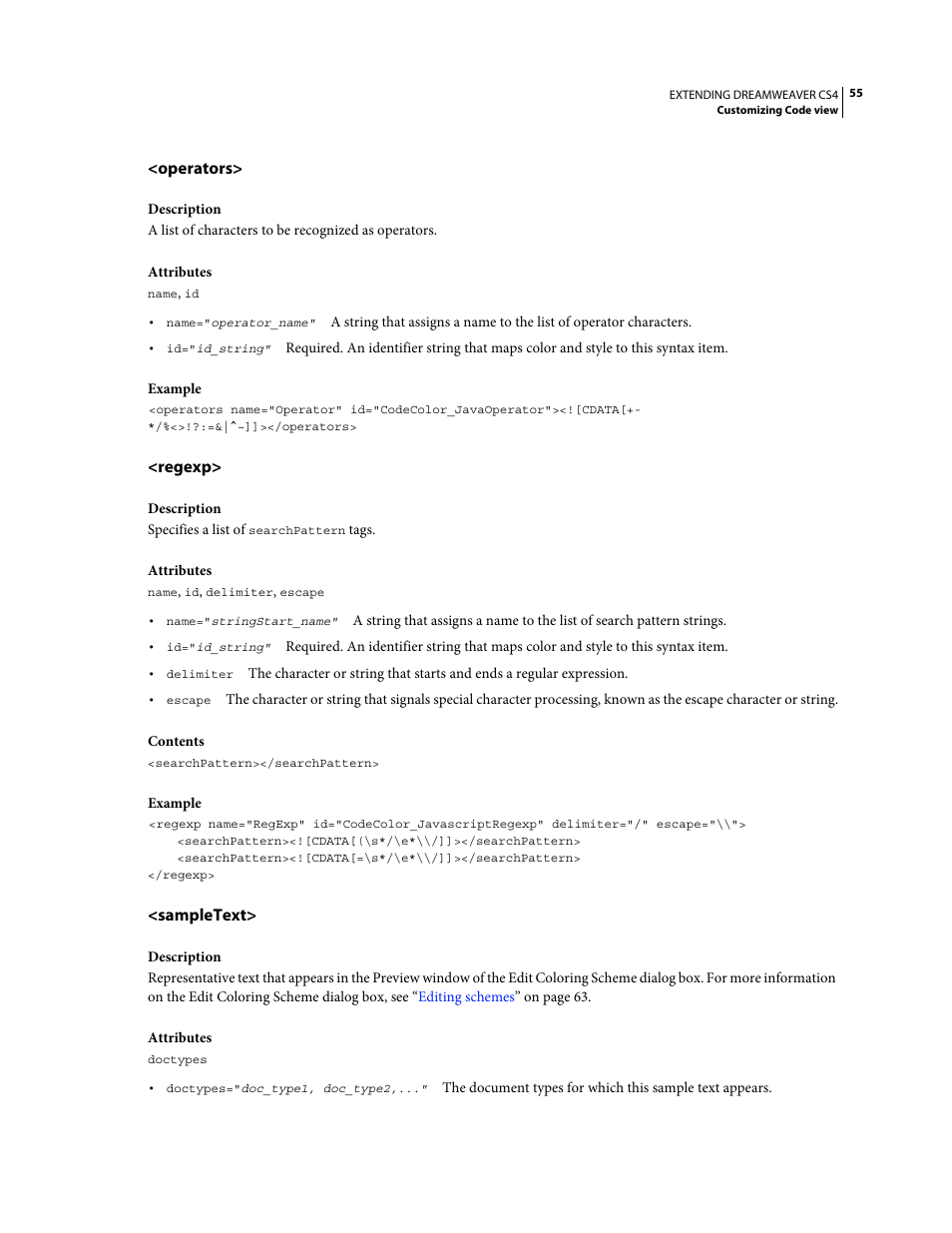 Operators, Regexp, Sampletext | Adobe Extending Dreamweaver CS4 User Manual | Page 61 / 387