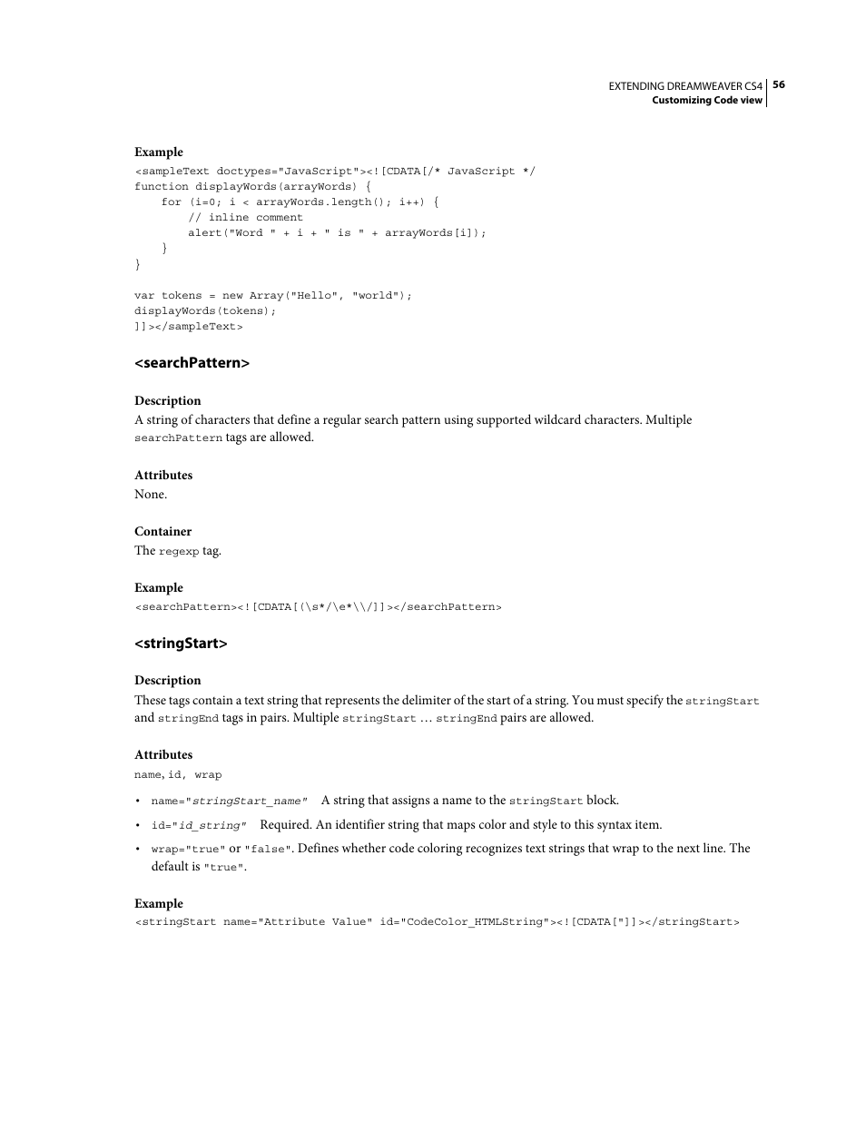 Searchpattern, Stringstart | Adobe Extending Dreamweaver CS4 User Manual | Page 62 / 387