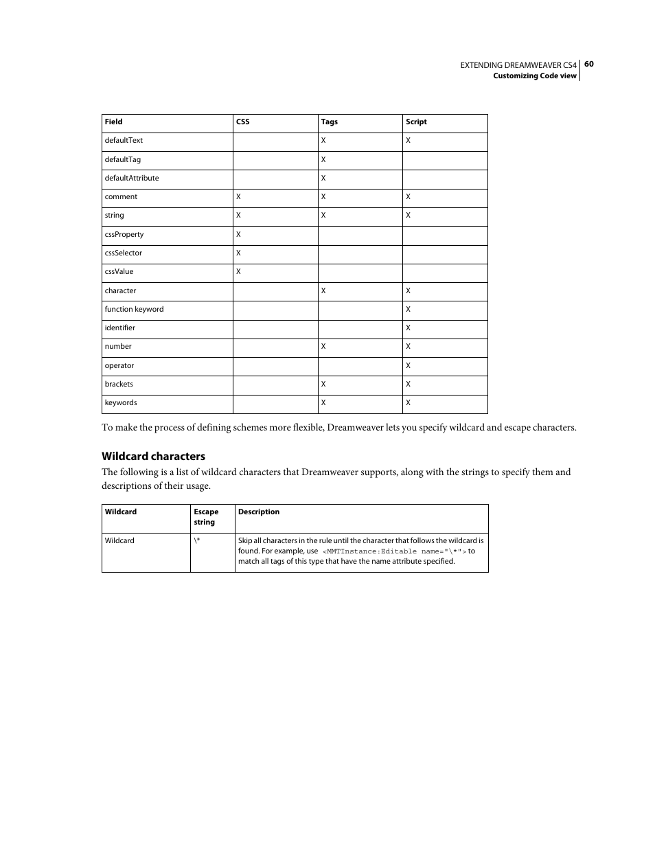 Wildcard characters, Strings, see, Wildcard | Characters | Adobe Extending Dreamweaver CS4 User Manual | Page 66 / 387