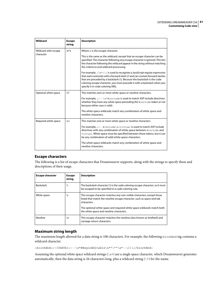 Escape characters, Maximum string length | Adobe Extending Dreamweaver CS4 User Manual | Page 67 / 387