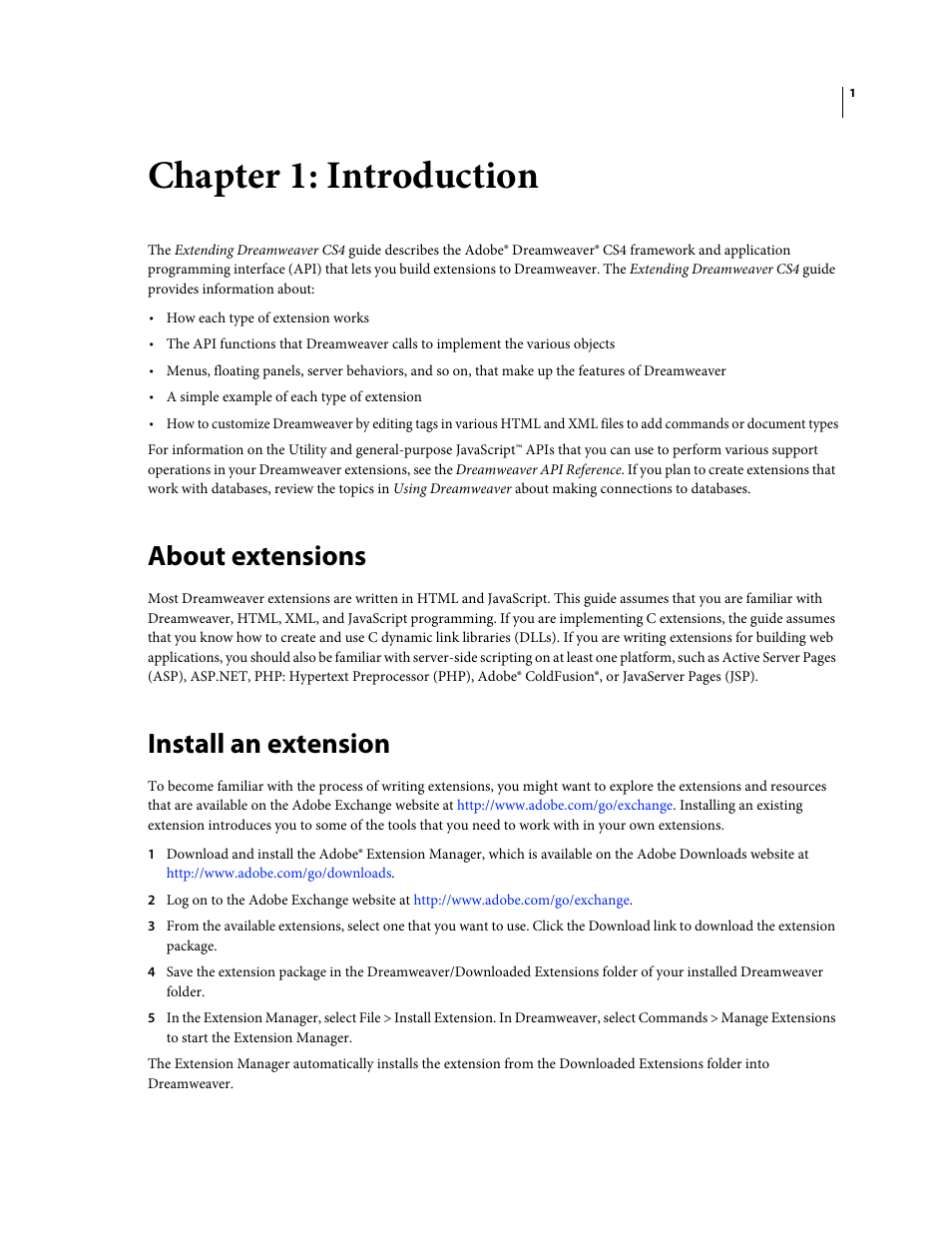 Chapter 1: introduction, About extensions, Install an extension | Adobe Extending Dreamweaver CS4 User Manual | Page 7 / 387