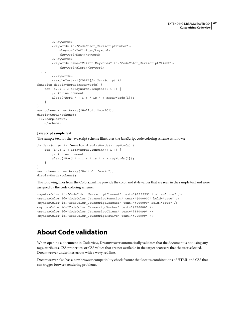 About code validation | Adobe Extending Dreamweaver CS4 User Manual | Page 73 / 387