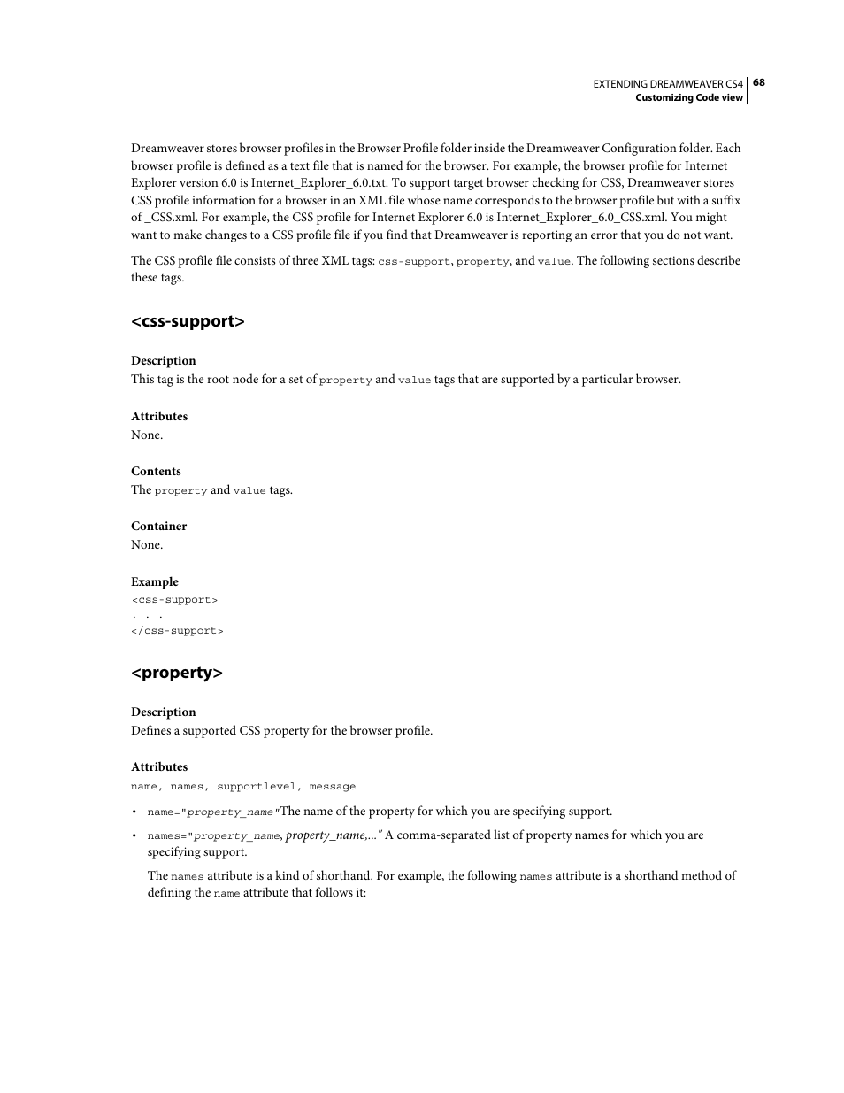 Css-support, Property | Adobe Extending Dreamweaver CS4 User Manual | Page 74 / 387