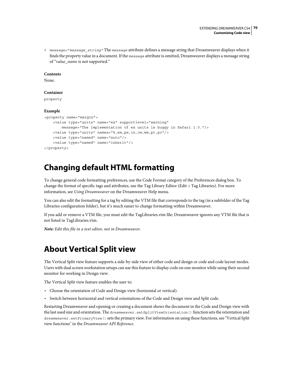 Changing default html formatting, About vertical split view | Adobe Extending Dreamweaver CS4 User Manual | Page 76 / 387