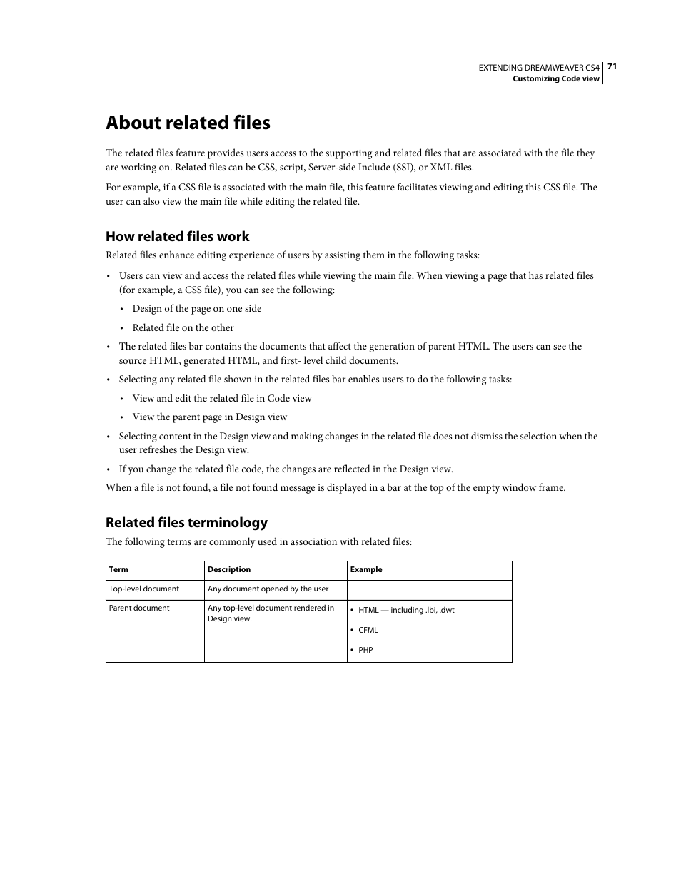 About related files, How related files work, Related files terminology | Adobe Extending Dreamweaver CS4 User Manual | Page 77 / 387