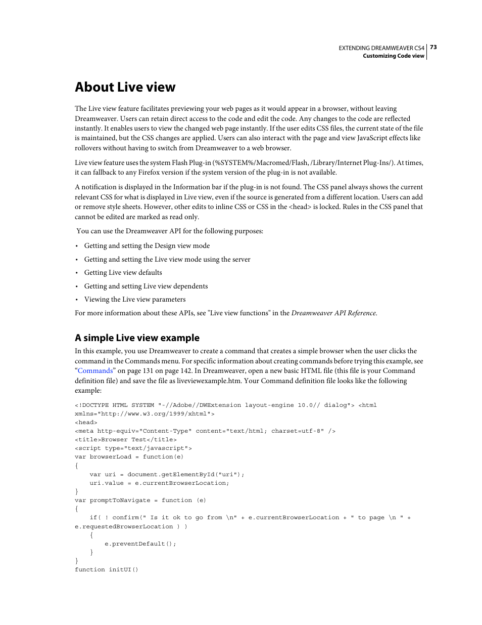 About live view, A simple live view example | Adobe Extending Dreamweaver CS4 User Manual | Page 79 / 387