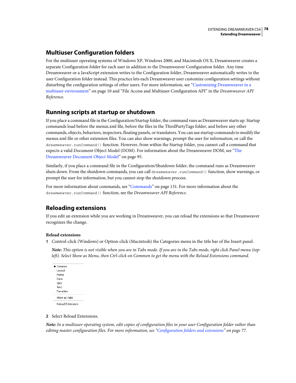 Multiuser configuration folders, Running scripts at startup or shutdown, Reloading extensions | Adobe Extending Dreamweaver CS4 User Manual | Page 84 / 387