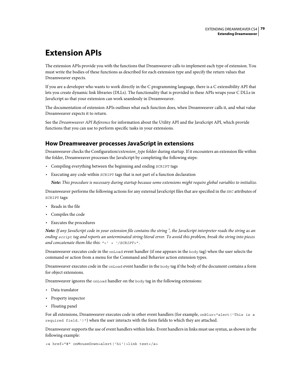 Extension apis, How dreamweaver processes javascript in extensions | Adobe Extending Dreamweaver CS4 User Manual | Page 85 / 387