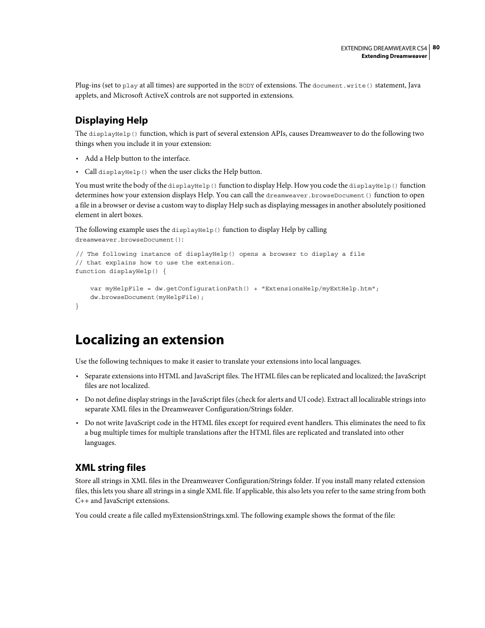 Displaying help, Localizing an extension, Xml string files | Adobe Extending Dreamweaver CS4 User Manual | Page 86 / 387