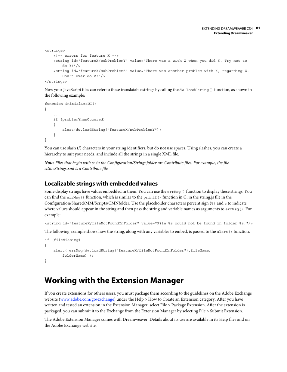 Localizable strings with embedded values, Working with the extension manager, Working with the extension | Manager | Adobe Extending Dreamweaver CS4 User Manual | Page 87 / 387