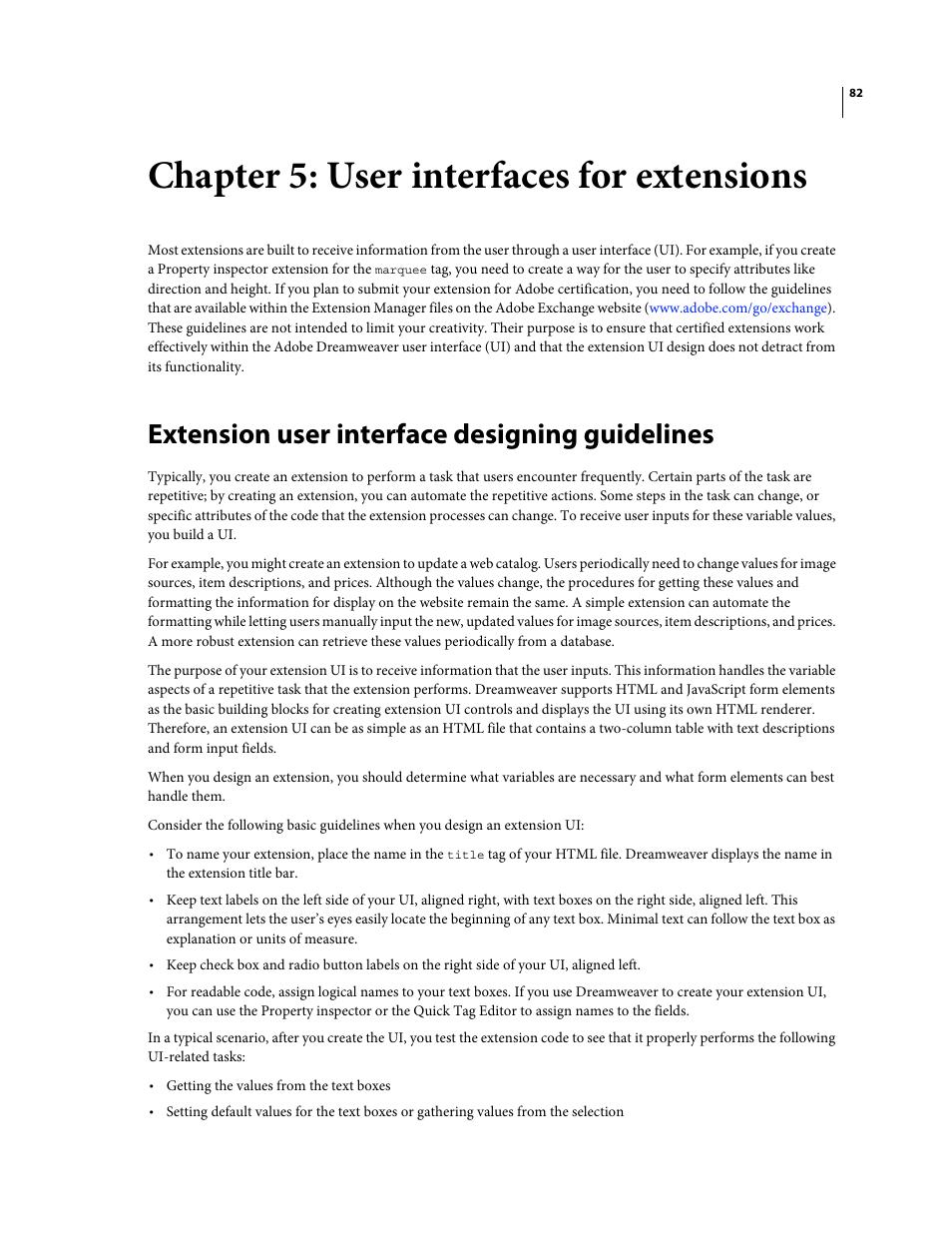 Chapter 5: user interfaces for extensions, Extension user interface designing guidelines | Adobe Extending Dreamweaver CS4 User Manual | Page 88 / 387