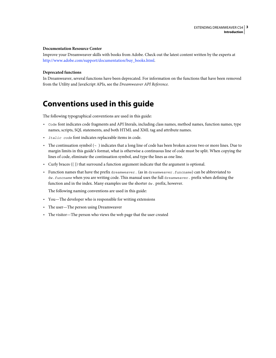 Conventions used in this guide | Adobe Extending Dreamweaver CS4 User Manual | Page 9 / 387