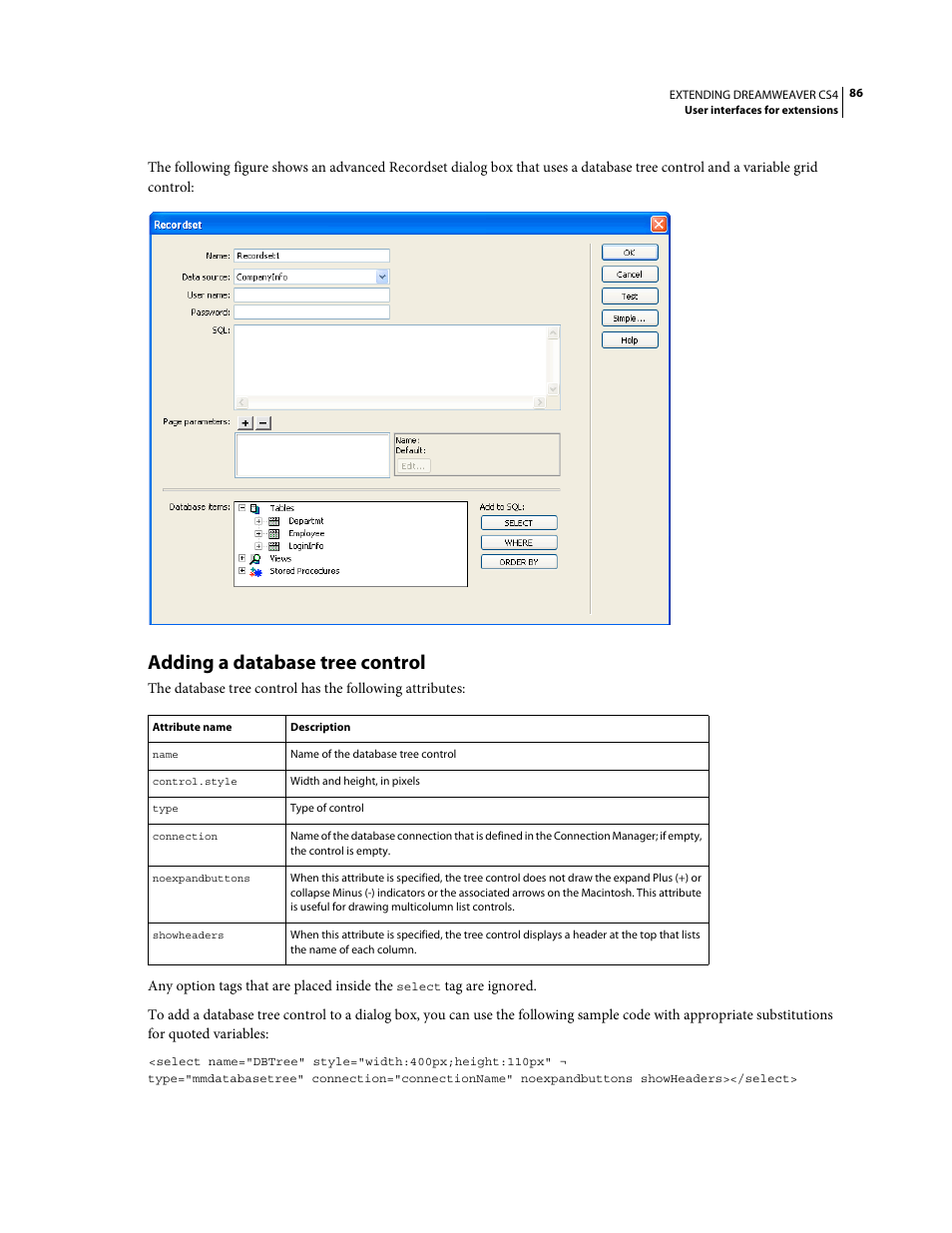 Adding a database tree control | Adobe Extending Dreamweaver CS4 User Manual | Page 92 / 387