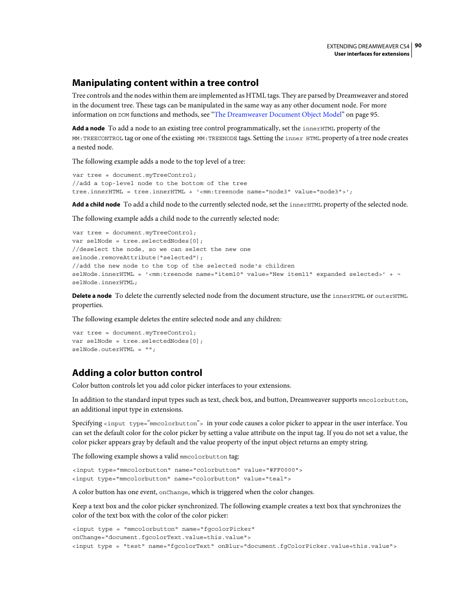 Manipulating content within a tree control, Adding a color button control | Adobe Extending Dreamweaver CS4 User Manual | Page 96 / 387